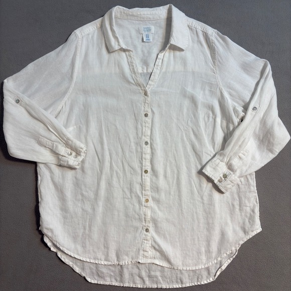 Sigrid Olsen Shirt Top Button Up 100% Linen Roll Tab Sleeve Women 1X Beach - Picture 1 of 7
